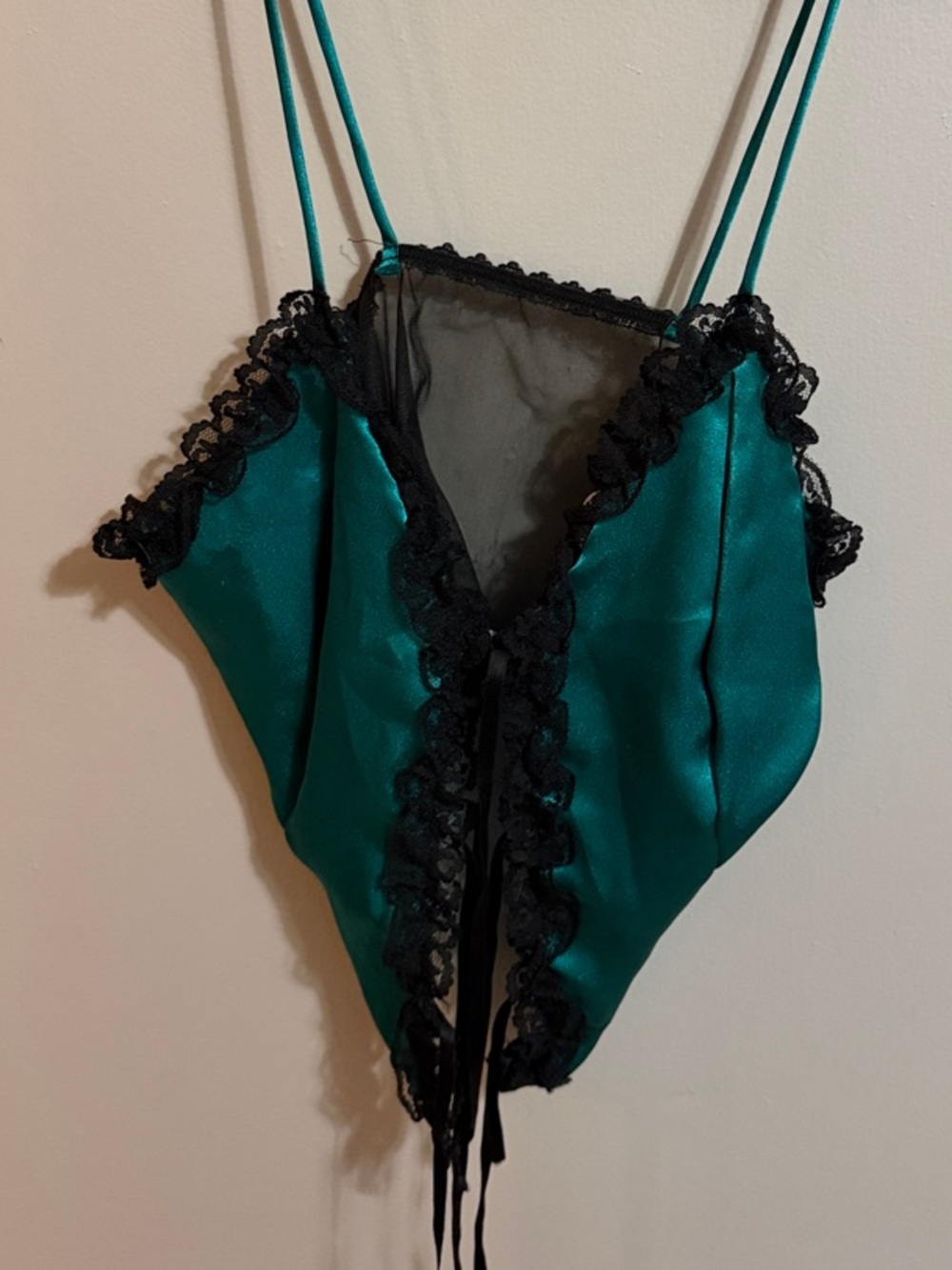 Vintage Teal Satin Lace-Trim Teddy